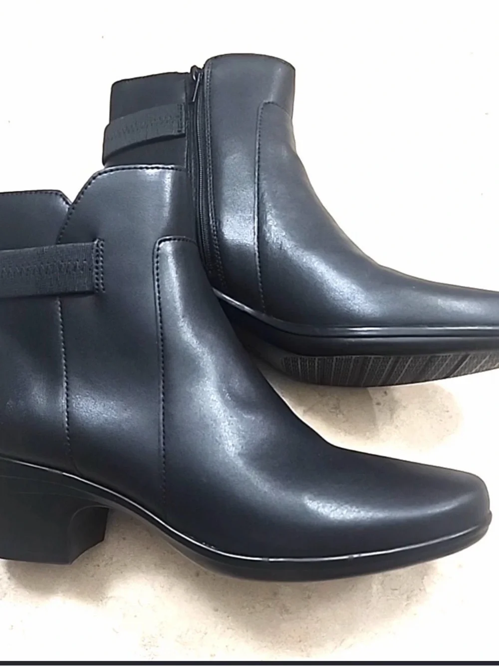 Clarks Black Leather Ankle Booties with Low Block Heel